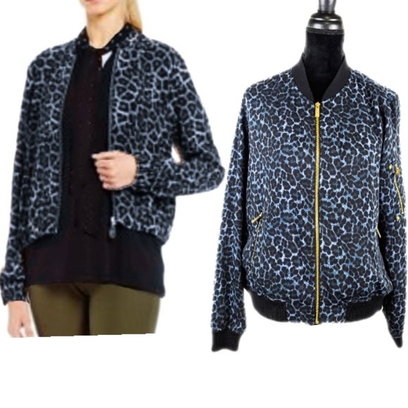MICHAEL Michael Kors Jackets & Blazers - Michael Michael Kors Womens M Blue Gray Leopard Print Bomber Jacket